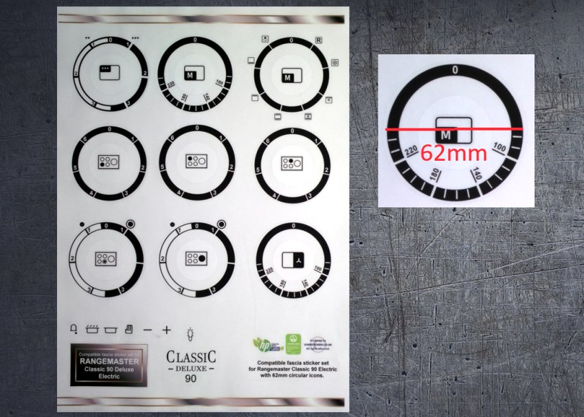 (image for) Rangemaster Classic deluxe 90 Electric compatible fascia sticker set, 62mm. - Click Image to Close